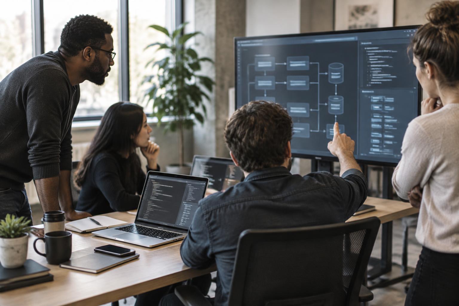 Technology professionals reviewing a system architecture diagram together